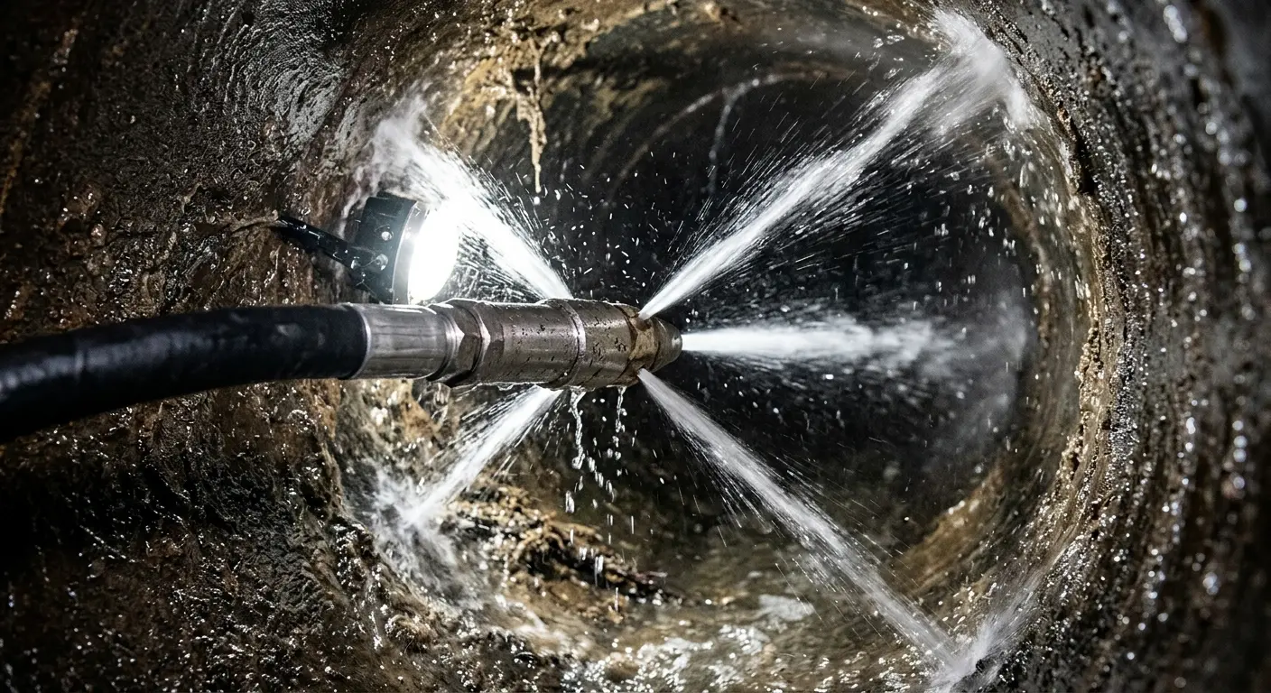 High-pressure hydro jetting nozzle cleaning sewer pipe for Emergency Drain Service in San Lorenzo