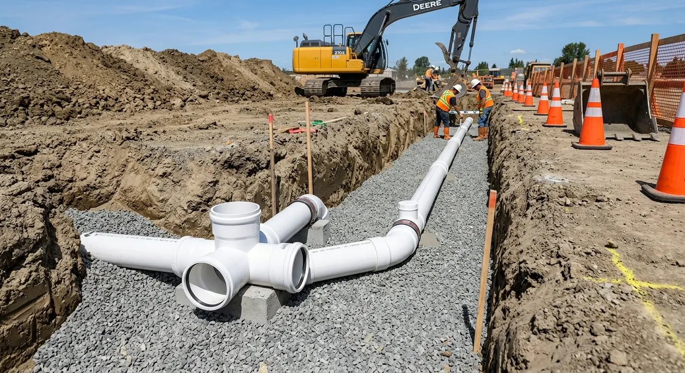 New PVC sewer pipe installation in open trench for Sewer Backup in San Lorenzo