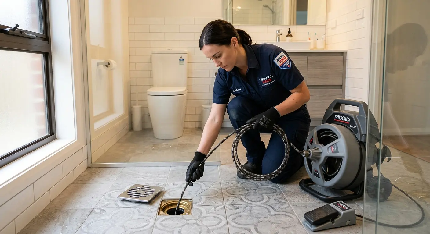 Technician clearing a bathroom floor drain for Drain Repair in San Lorenzo